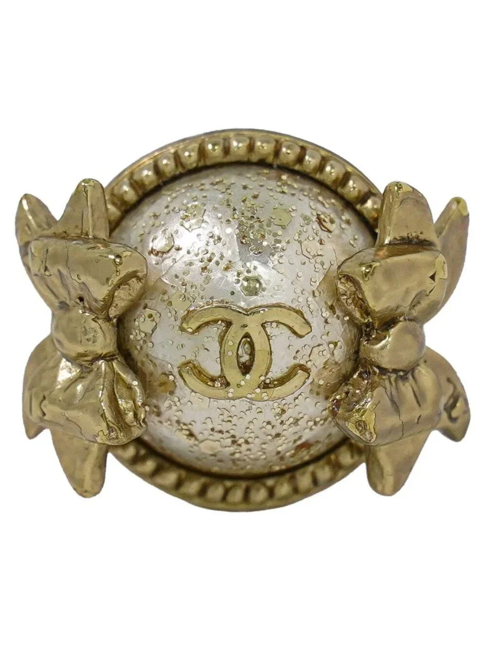 Chanel CC Logo Faux Pearl Ribbon Ring Gold Plated White